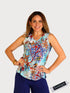 Chic Sleeveless V-Neck Digital Top with Ruffle Neckline - T2036